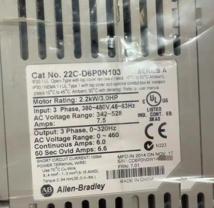 22C-D6P0N103 AB 22C-D6P0N103 3 0HP 2 2kW 380-480V 0-460V 6 0A 60 100A IP30 NEMA 1 UL Type I
