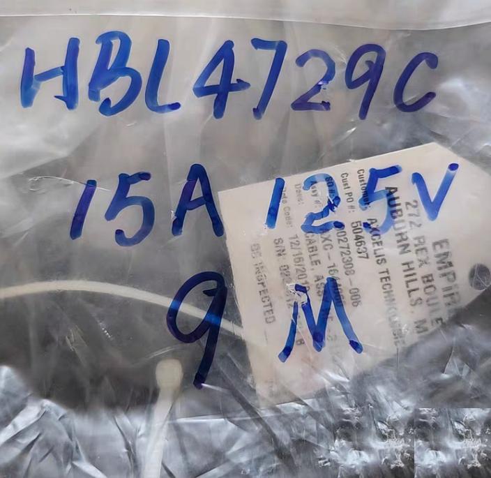 Axcelis 1644060 Axcelis Technologies 1644060 Cable Assembly He-3 Light Fixture Rev B 0 2 HBL4729C 15A 125VCarol 3 C 14 AWG 2 08mm2 30 FT 9