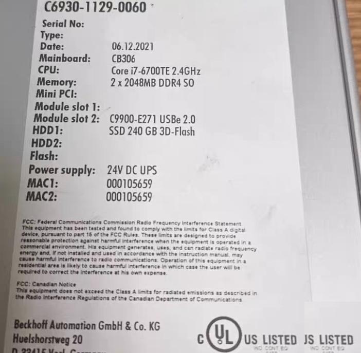 BECKHOFF C6930-1129-0060 PC 4GB DDR4 240GB SSD i7-6700 2 4GHz