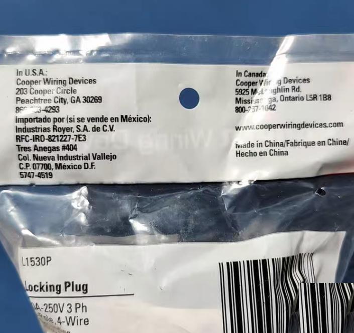 COOPER NEMA L15-30P Cooper L15-30P Plug 30A 250V 3Ph 3P4W Locking Bw 200 HUBBELL HBL2721 Leviton 2721