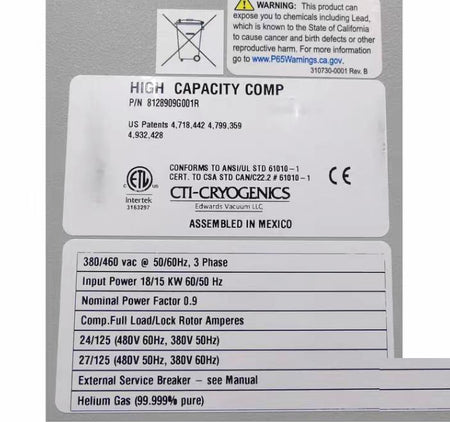CTI-Cryogenics 8128909G001R Cryo Compressor Tower AMAT 0190-27351 Refurbished 8 10 The three module configuration can provide a helium supply to a maximum of 12 On-Board 8F Cryopumps for 300mm PVD