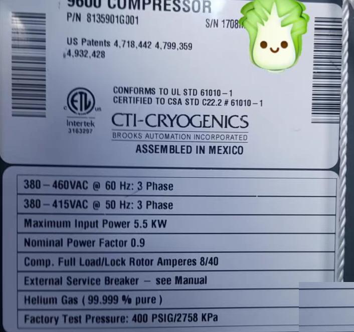 CTI 9600 HV COMPRESSOR 1 38000 8135901G001 3 8135953G001 15