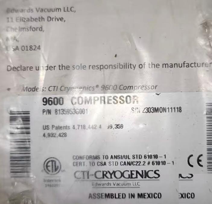 CTI 9600 HV COMPRESSOR 1 38000 8135901G001 3 8135953G001 15