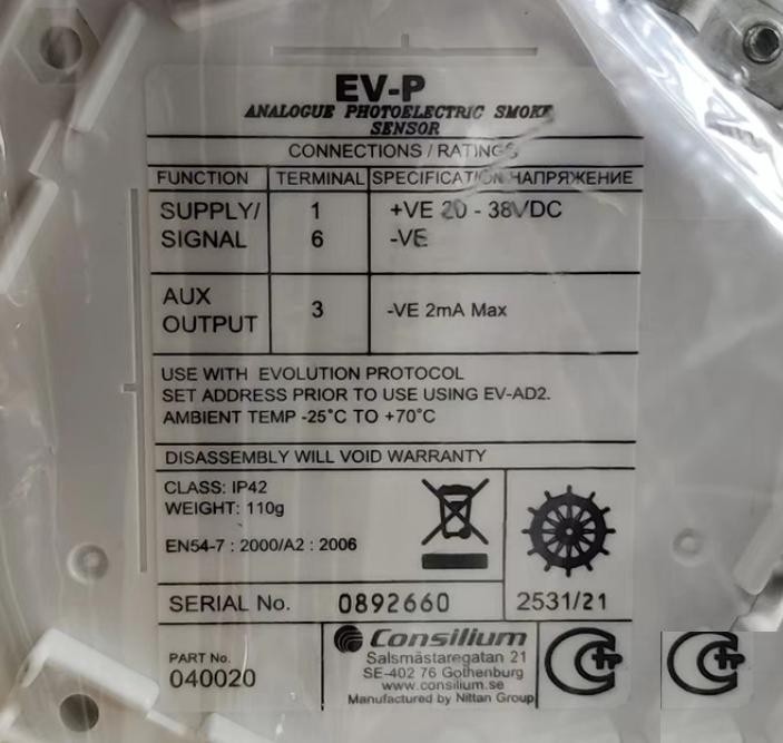 Consilium EV-P 040020 ANALOGUE PHOTOELECTRIC SMOKE SENSOR