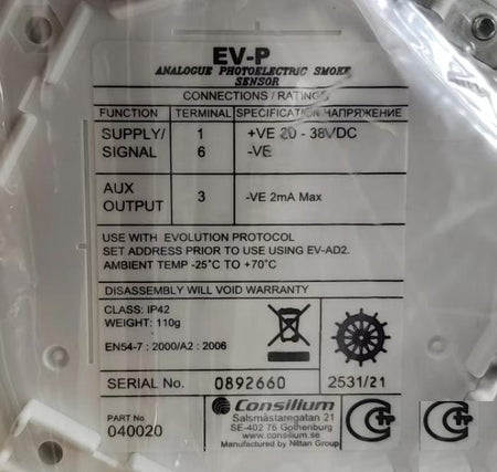 Consilium EV-P 040020 ANALOGUE PHOTOELECTRIC SMOKE SENSOR