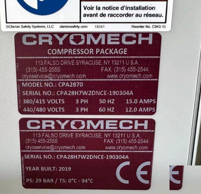 Cryomech CPA2870 PT407 Pulse Tube CryocoolerCooling Capacity 0 7W 4 2K W 25W 55KBase Temperature 2 8KCool Down Time 60 MIN TO 4K
