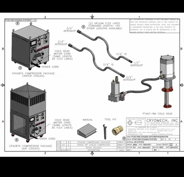 Cryomech CPA2870 PT407 Pulse Tube CryocoolerCooling Capacity 0 7W 4 2K W 25W 55KBase Temperature 2 8KCool Down Time 60 MIN TO 4K
