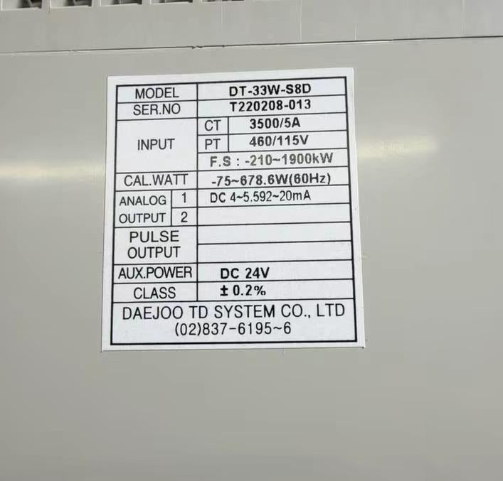 DAE JOO DT-33W-S1D DT-33W-S1D CT 3000 5A PT460 115ｖ 0-583 3 0 2 DC 4-20mA DC 24V CT 3500 5A PT 460 115V-75-678 6W