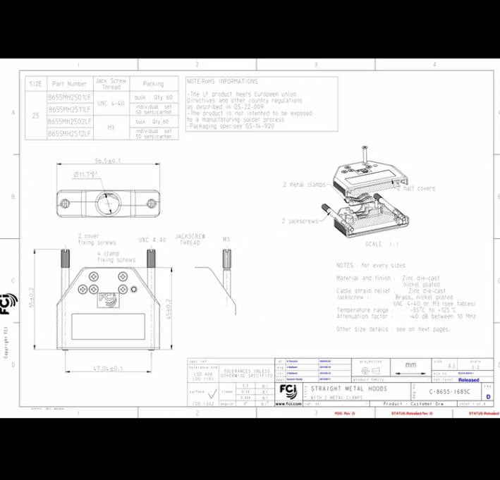 FCI 25 25 Amphenol Communications Solutions 8655MH Series Die Cast Zinc Straight D-Sub Backshell 25 Way Strain ReliefAmphenol FCI 8655MH 25 D-sub 8655MH2511LF