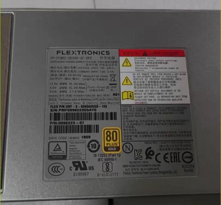 FLEXTRONICS 584W   SP-PCM02-HE580-AC   FS580FS104G-00           100-240V   12V 38A 5V 42A 5Vsb 2 7A