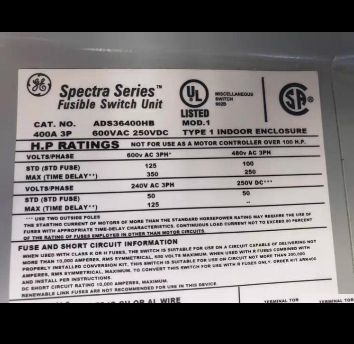GE ADS36400HB 400A 3P 600VAC 250VDC Spectra
