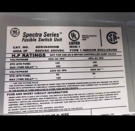 GE ADS36400HB 400A 3P 600VAC 250VDC Spectra