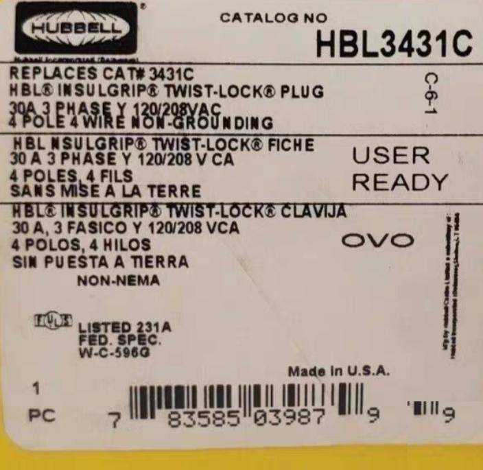 HBL3431C - Hubbell 30A 120 208VAC 4-Pole 4-Wire Non-NEMA Twist-Lock 6 10