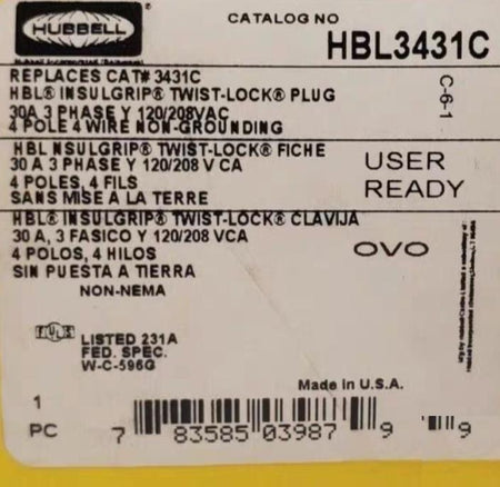 HBL3431C - Hubbell 30A 120 208VAC 4-Pole 4-Wire Non-NEMA Twist-Lock 6 10