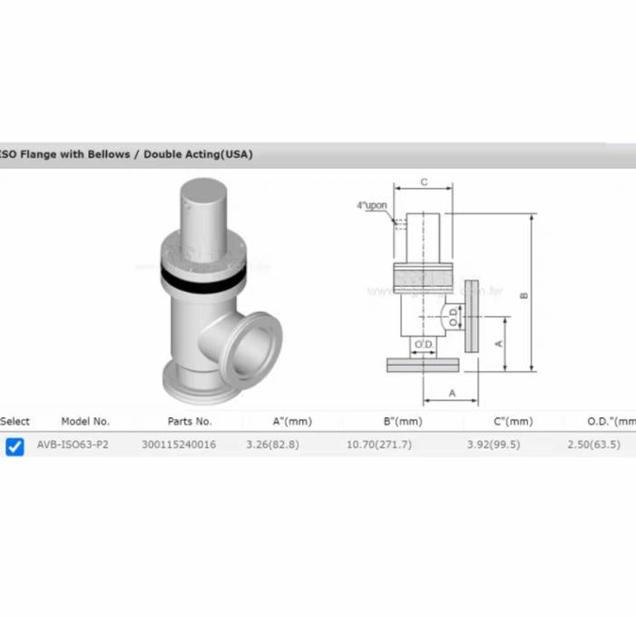 HTC AV-ISO63-P2 AVB-ISO63-P2 Specifications Polished 304 stainless steel body 3 4 8inch port ODs 4 6 5 kg cm2 operating air pressure Bakeable to 150 CViton Seal Bonnet 10E-9 Torr vacuum rating ISO flange