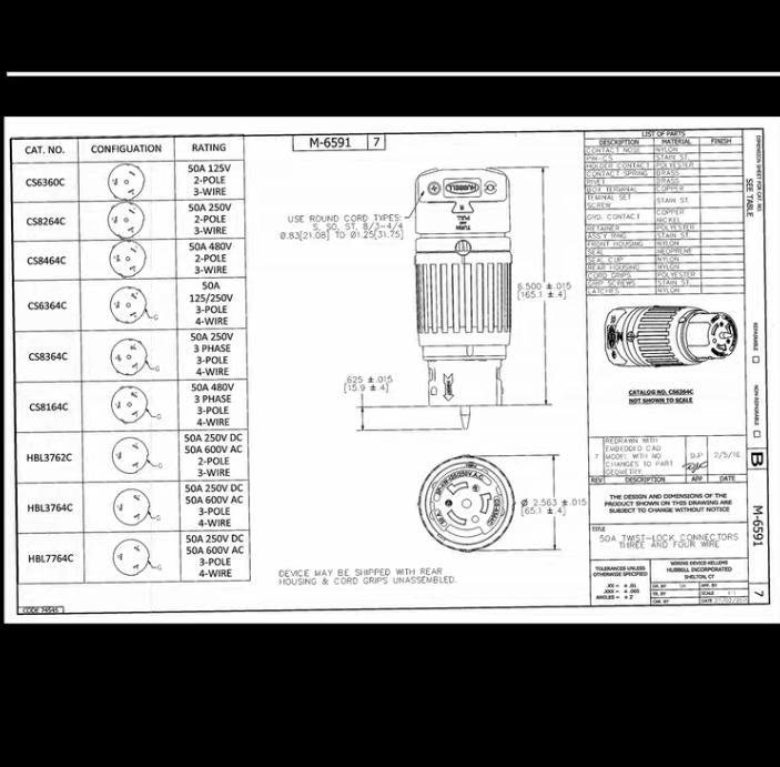 HUBBELL CS6364C CS6365C Hubbell Wiring Device-Kellems CS6364C Twist Locking Receptacle 50A 125 250V 3 Pole 4 Wire Nylon Insulgrip Series