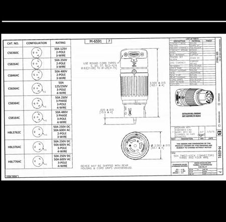 HUBBELL CS6364C CS6365C Hubbell Wiring Device-Kellems CS6364C Twist Locking Receptacle 50A 125 250V 3 Pole 4 Wire Nylon Insulgrip Series