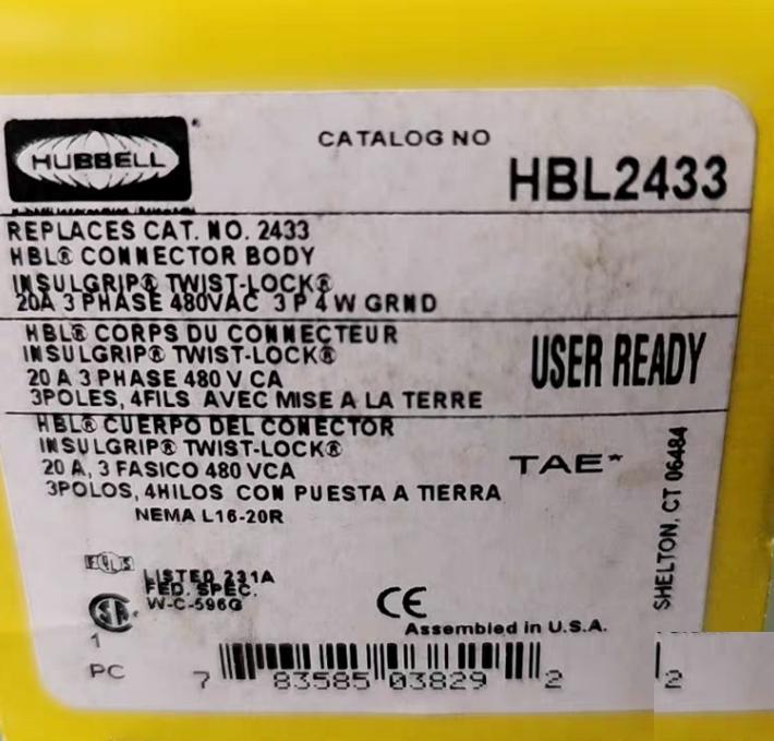 HUBBELL HBL2433 Locking Connector 20 amp 3 Phase 480V L16-20R Black and White