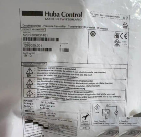 Huba Control 520 930S031401 0-10bar 4-20mA 24V DC -40℃ 135℃ -30℃ 85℃