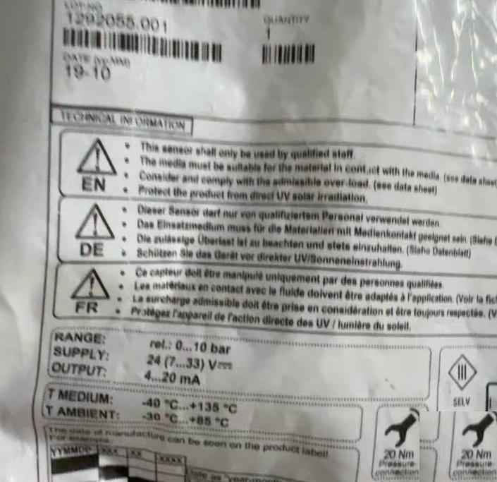 Huba Control 520 930S031401 0-10bar 4-20mA 24V DC -40℃ 135℃ -30℃ 85℃