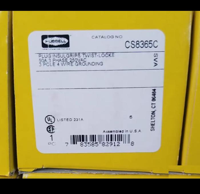 Hubbell CS8365C 50A 250VAC 10 Brand Hubbell Wiring Device-KellemsCatalog ID CS8365CLocking Devices Twist-Lock® Industrial Male Plug 50A 3-Phase Delta 250V AC 3-Pole 4-Wire Grounding Non- NEMA Screw Terminal Black and White