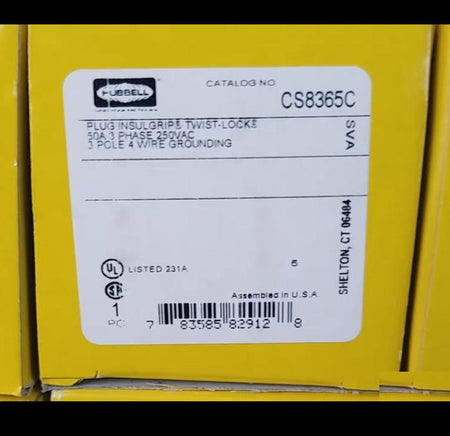 Hubbell CS8365C 50A 250VAC 10 Brand Hubbell Wiring Device-KellemsCatalog ID CS8365CLocking Devices Twist-Lock® Industrial Male Plug 50A 3-Phase Delta 250V AC 3-Pole 4-Wire Grounding Non- NEMA Screw Terminal Black and White