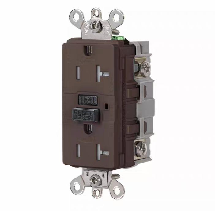 Hubbell GF5362 GFSG5362 Circuit Guard®GFCl Receptacle Specification Grade 20A Feed-Thru Class A Trip Level 2 Pole 3 Wire Grounding20A 120V AC 60Hz NEMA 5-20R Brown Plastic Stainless Steel Wallplates and Wire Nuts Included 9