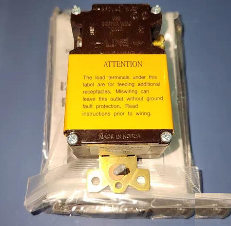 Hubbell GF5362 GFSG5362 Circuit Guard®GFCl Receptacle Specification Grade 20A Feed-Thru Class A Trip Level 2 Pole 3 Wire Grounding20A 120V AC 60Hz NEMA 5-20R Brown Plastic Stainless Steel Wallplates and Wire Nuts Included 9