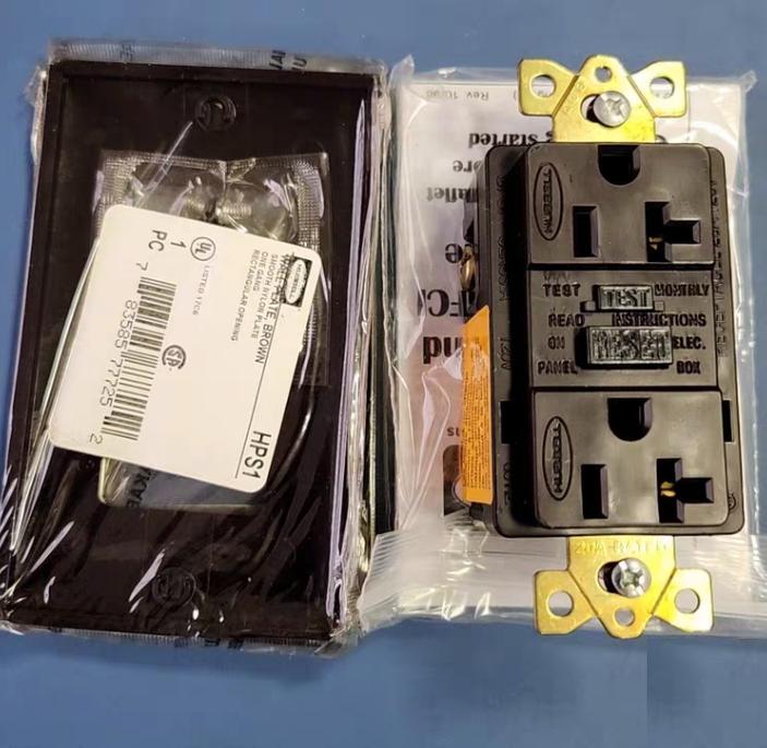 Hubbell GF5362 GFSG5362 Circuit Guard®GFCl Receptacle Specification Grade 20A Feed-Thru Class A Trip Level 2 Pole 3 Wire Grounding20A 120V AC 60Hz NEMA 5-20R Brown Plastic Stainless Steel Wallplates and Wire Nuts Included 9