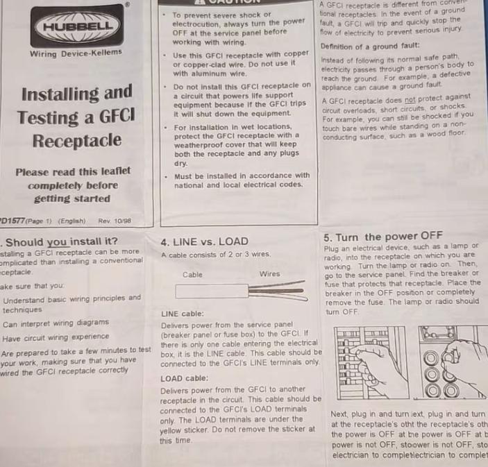 Hubbell GF5362 GFSG5362 Circuit Guard®GFCl Receptacle Specification Grade 20A Feed-Thru Class A Trip Level 2 Pole 3 Wire Grounding20A 120V AC 60Hz NEMA 5-20R Brown Plastic Stainless Steel Wallplates and Wire Nuts Included 9