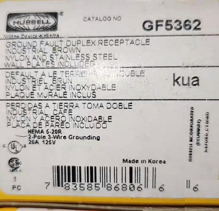 Hubbell GF5362 GFSG5362 Circuit Guard®GFCl Receptacle Specification Grade 20A Feed-Thru Class A Trip Level 2 Pole 3 Wire Grounding20A 120V AC 60Hz NEMA 5-20R Brown Plastic Stainless Steel Wallplates and Wire Nuts Included 9
