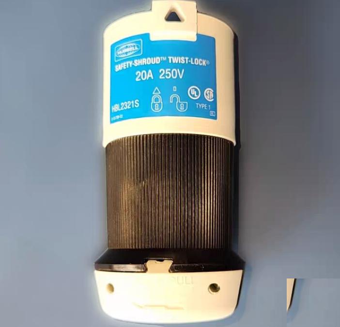 Hubbell HBL2321S 6 Brand Hubbell Wiring Device-KellemsCatalog ID HBL2321SLocking Devices Twist-Lock® Industrial Safety-Shroud® Male Plug 20A 250V 2-Pole 3-Wire Grounding NEMA L6-20P Screw Terminal Black and White nylon body White PBT Shroud