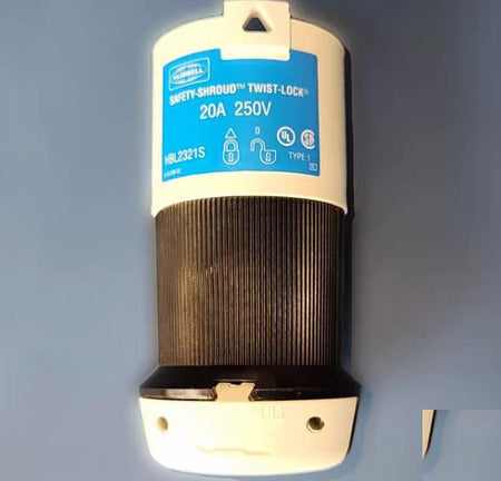 Hubbell HBL2321S 6 Brand Hubbell Wiring Device-KellemsCatalog ID HBL2321SLocking Devices Twist-Lock® Industrial Safety-Shroud® Male Plug 20A 250V 2-Pole 3-Wire Grounding NEMA L6-20P Screw Terminal Black and White nylon body White PBT Shroud