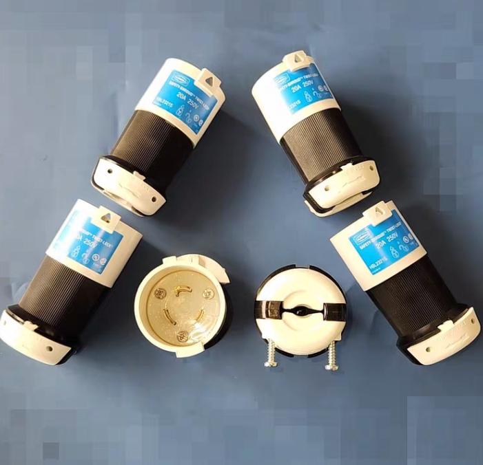 Hubbell HBL2321S 6 Brand Hubbell Wiring Device-KellemsCatalog ID HBL2321SLocking Devices Twist-Lock® Industrial Safety-Shroud® Male Plug 20A 250V 2-Pole 3-Wire Grounding NEMA L6-20P Screw Terminal Black and White nylon body White PBT Shroud