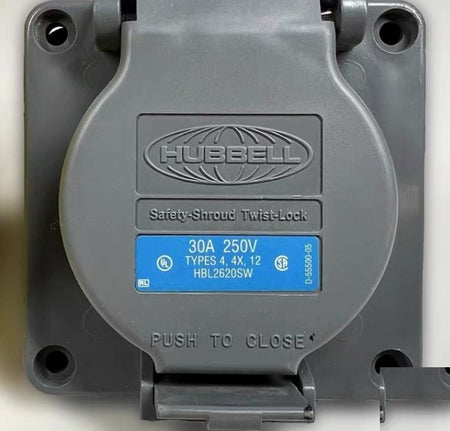 Hubbell HBL2620SW 8 10 Locking Devices Twist-Lock® Watertight Safety-Shroud® Receptacle 30A 250V AC 2-Pole 3-Wire Grounding NEMA L6-30R Screw Terminal PBT housing and flange Gray