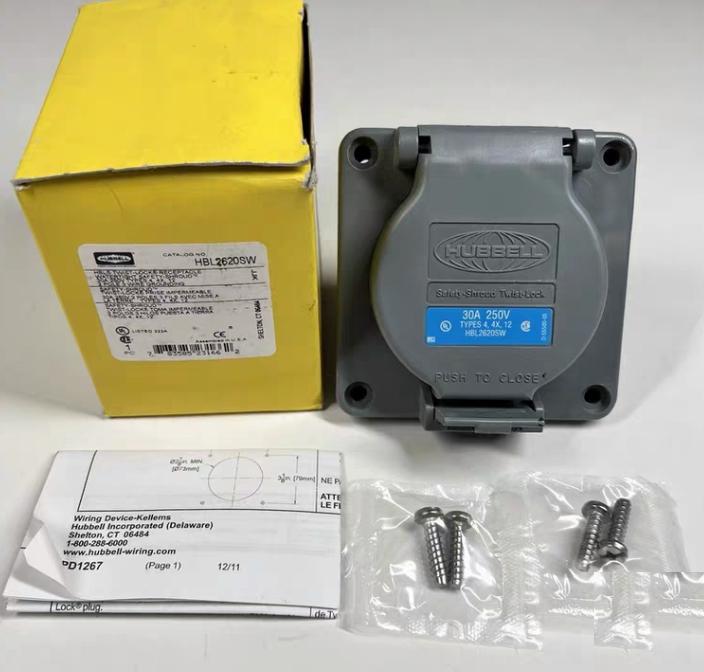 Hubbell HBL2620SW 8 10 Locking Devices Twist-Lock® Watertight Safety-Shroud® Receptacle 30A 250V AC 2-Pole 3-Wire Grounding NEMA L6-30R Screw Terminal PBT housing and flange Gray