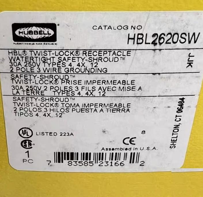 Hubbell HBL2620SW 8 10 Locking Devices Twist-Lock® Watertight Safety-Shroud® Receptacle 30A 250V AC 2-Pole 3-Wire Grounding NEMA L6-30R Screw Terminal PBT housing and flange Gray