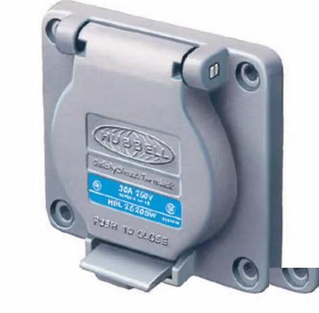 Hubbell HBL2620SW 8 10 Locking Devices Twist-Lock® Watertight Safety-Shroud® Receptacle 30A 250V AC 2-Pole 3-Wire Grounding NEMA L6-30R Screw Terminal PBT housing and flange Gray