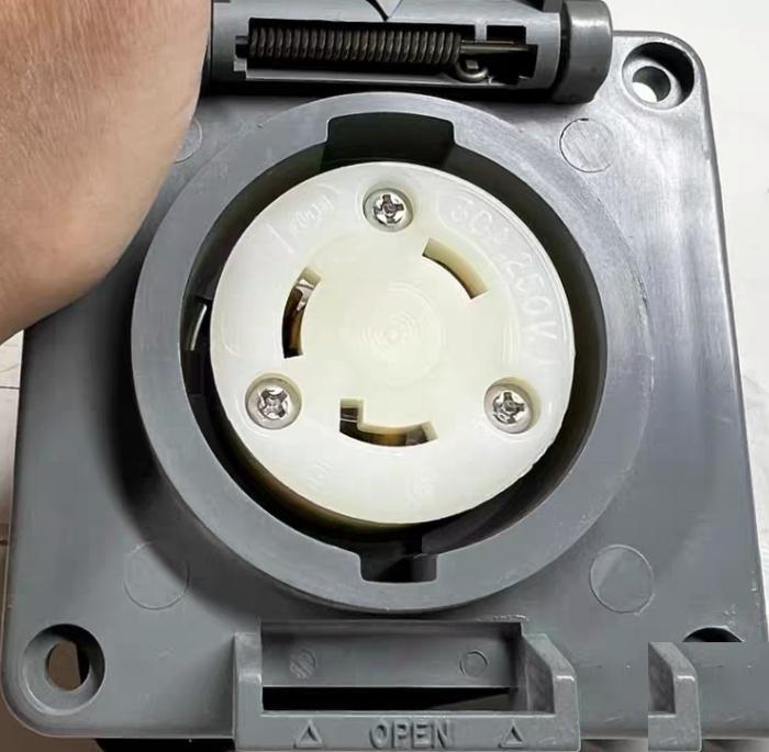 Hubbell HBL2620SW 8 10 Locking Devices Twist-Lock® Watertight Safety-Shroud® Receptacle 30A 250V AC 2-Pole 3-Wire Grounding NEMA L6-30R Screw Terminal PBT housing and flange Gray