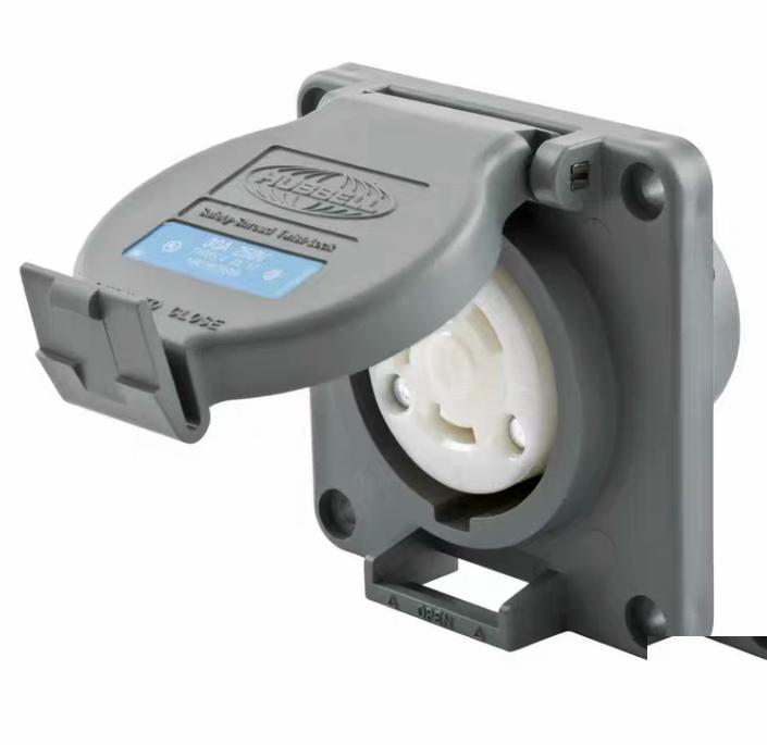 Hubbell HBL2620SW 8 10 Locking Devices Twist-Lock® Watertight Safety-Shroud® Receptacle 30A 250V AC 2-Pole 3-Wire Grounding NEMA L6-30R Screw Terminal PBT housing and flange Gray