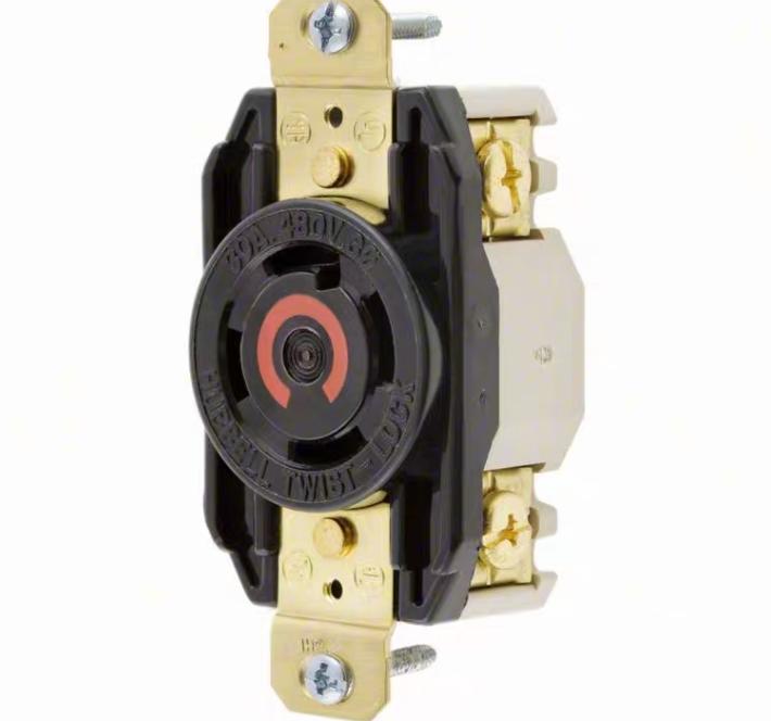 Hubbell HBL2730 Locking Devices Twist-Lock® Industrial Flush Receptacle 30A 3-Phase Delta 480V AC 3-Pole 4-Wire Grounding L16-30R Screw Terminal Black 6