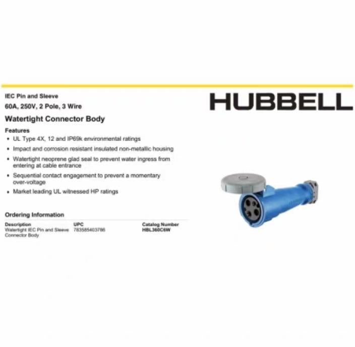 Hubbell HBL360C6W Wiring Device-Kellems 8 10 Heavy Duty Products IEC Pin and Sleeve Devices Industrial Grade Female Connector Body 60A 250V AC 2-Pole 3-Wire Grounding Terminal Screws Blue Watertight