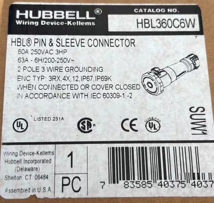 Hubbell HBL360C6W Wiring Device-Kellems 8 10 Heavy Duty Products IEC Pin and Sleeve Devices Industrial Grade Female Connector Body 60A 250V AC 2-Pole 3-Wire Grounding Terminal Screws Blue Watertight