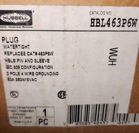 Hubbell HBL463P6W HBL460P6W 4 Heavy Duty Products IEC Pin and Sleeve Devices Industrial Grade Male Plugs 60 63 A 380-415 VAC 3-Pole 4-Wire Wire Grounding 4X and IP69k