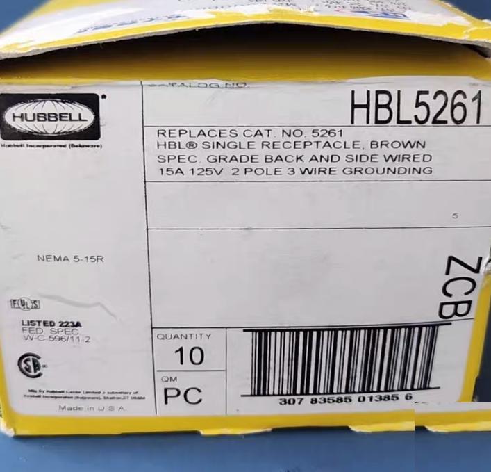 Hubbell HBL5261 9 Straight Blade Devices Receptacles Single Industrial Grade 2-Pole 3-Wire Grounding 15A 125V 5-15R Brown Single Pack HBL5266C
