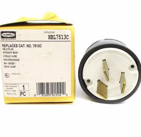Hubbell HBL7513C 8 10 Straight Blade Devices Male Plug Heavy Duty Industrial CommercialGrade Straight 3-Pole 3-Wire Non Grounding 50A 125 250V 10-50P Black Single Pack