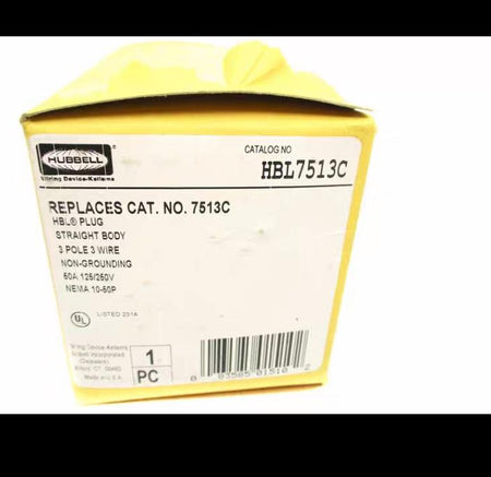 Hubbell HBL7513C 8 10 Straight Blade Devices Male Plug Heavy Duty Industrial CommercialGrade Straight 3-Pole 3-Wire Non Grounding 50A 125 250V 10-50P Black Single Pack
