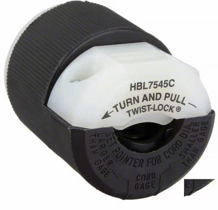 Hubbell HBL7545C 15A 125V 187 HBL7540 3 Locking Devices Midget Twist-Lock® Industrial Male Plug 15A 125V 2-Pole 2-Wire Non Grounding L1-15P Screw Terminal Black and White