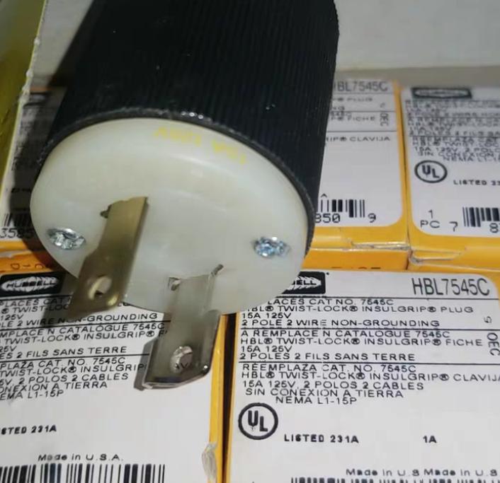 Hubbell HBL7545C 15A 125V 187 HBL7540 3 Locking Devices Midget Twist-Lock® Industrial Male Plug 15A 125V 2-Pole 2-Wire Non Grounding L1-15P Screw Terminal Black and White