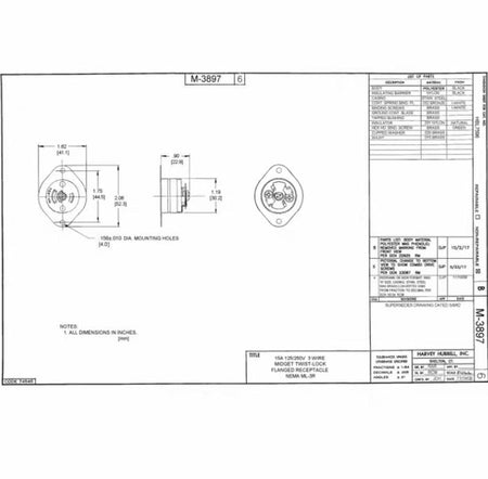 Hubbell HBL7596 Locking Devices Midget Twist-Lock® Industrial Flanged Receptacle 15A 125V AC NEMA ML- 2R Screw Terminal Stainless Steel Flange 5